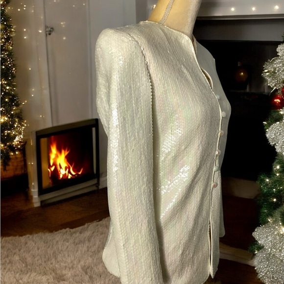 Vintage 90s Chetta B Jacket Top 4 Ivory Button Front Shoulder Pads Sparkly Glam - Picture 9 of 11